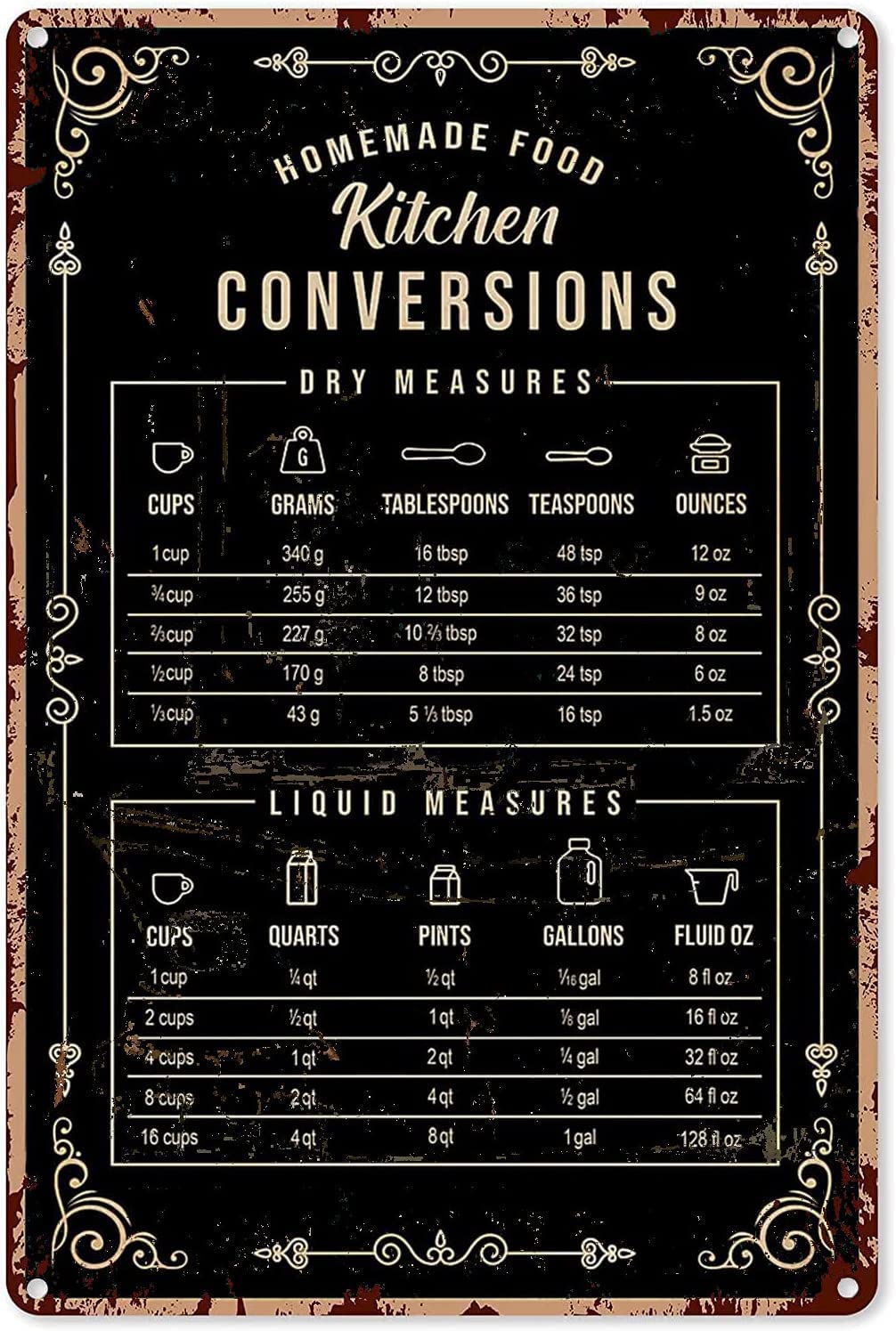 Kitchen Baking Conversion Chart - Letrero de metal rústico vintage chic
